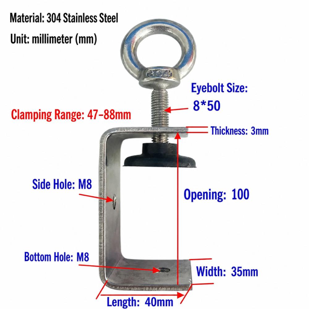 1pc 304 Stainless Steel Square Clamp Pull Ring Fixed Holder Clip C-clamp Hardware Fasteners