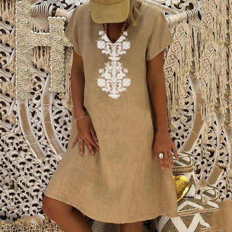 Premium Quality Women's Baggy Loose Short Sleeve V-neck Linen Kaftan Madi Dress For Effortless Beach Style