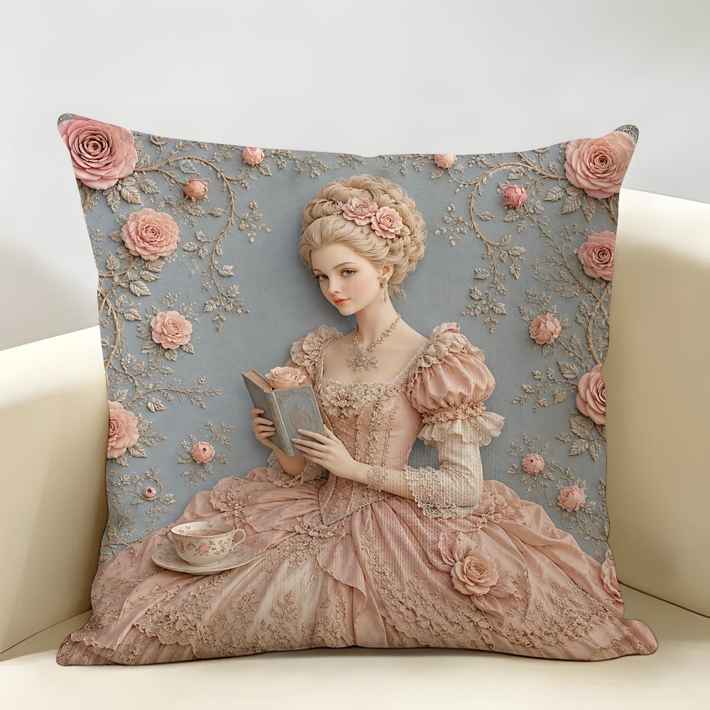 D Rose Floral Vintage French Rococo Cushion Cover Natural Linen Organic Fabric DoubleSided Print Room Sofa Decor Pillow Case