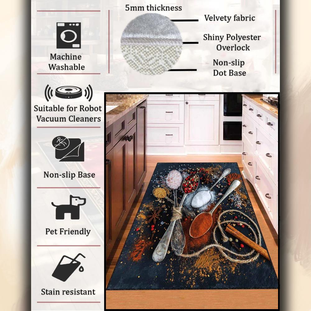 Colorful Kitchen Rug Decorated with Spices, Stain-Resistant, Easy-to-Clean Spice Patterned Kitchen Rug