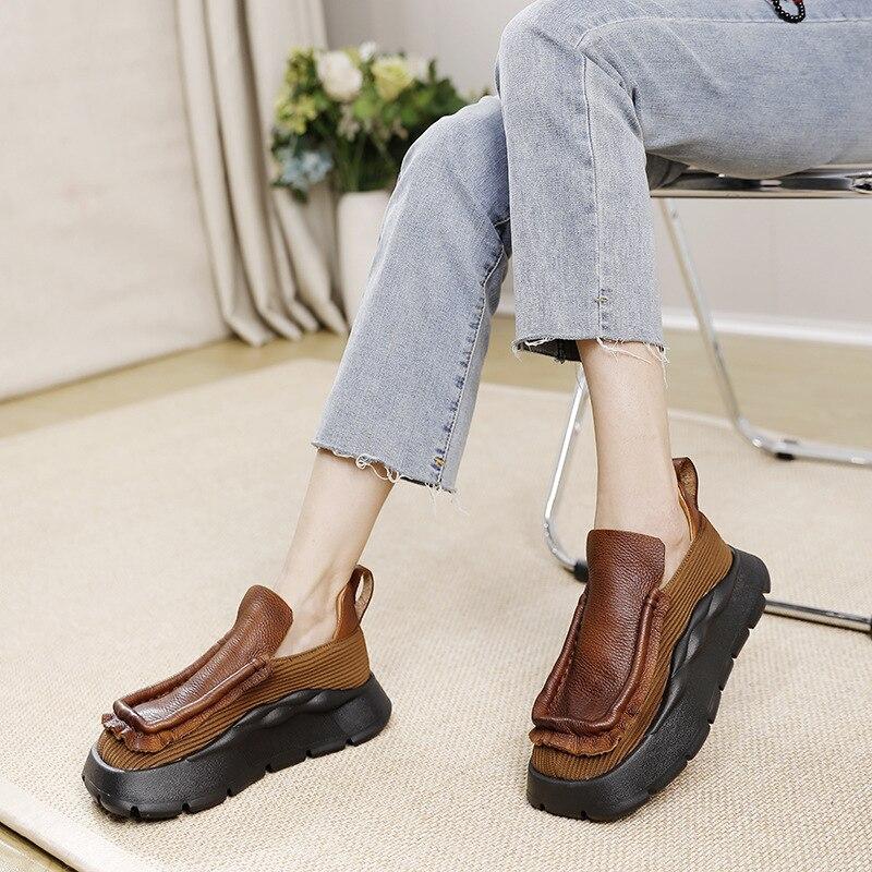 Fujin 4,5 см эргономичные женские лоферы на мягкой резиновой подошве на плоской подошве для отдыха, удобные вязаные осенние туфли из эластичной ткани из натуральной кожи