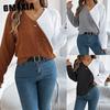 Autumn and Winter Casual V-neck Button Contrasting Color Lantern Sleeve Pullover Sweater Women's Wear