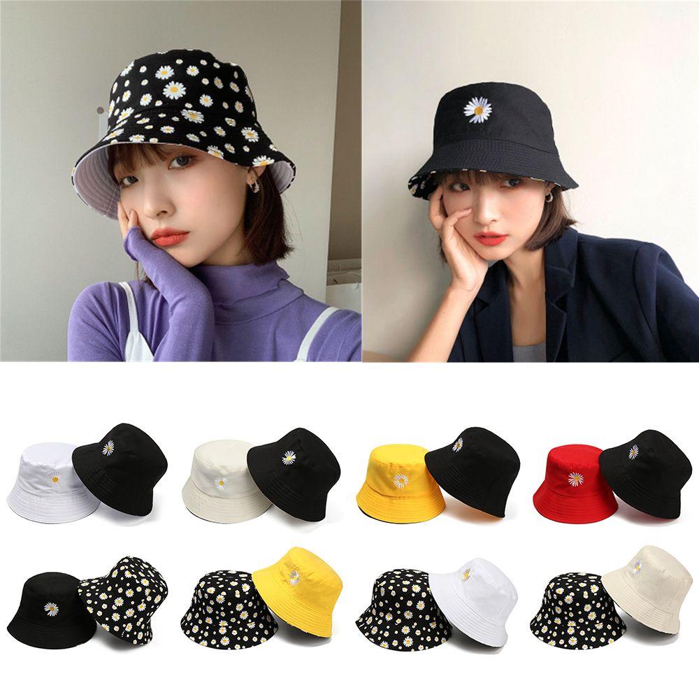Women Men Casual Outdoor Sunscreen Sun Hat Double-Sided Bucket Hat Daisies Fisherman Cap Foldable