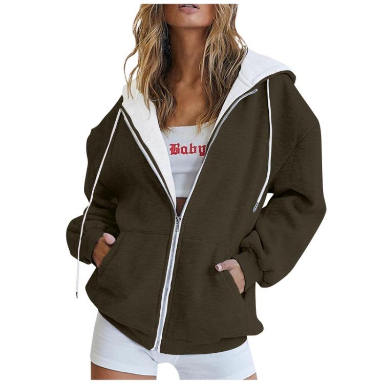 Women Casual Oversized Full Zip Hoodie, Contrast Liner Hooded Sweat Jacket, Soft Breathable Material Loose Outerwear with Pockets
