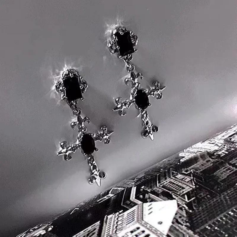 Готические большие подробные черные серьги с крестом и драгоценными камнями, ювелирные изделия в стиле панк, Хэллоуин, креативные модные великолепные массивные женские подаро...