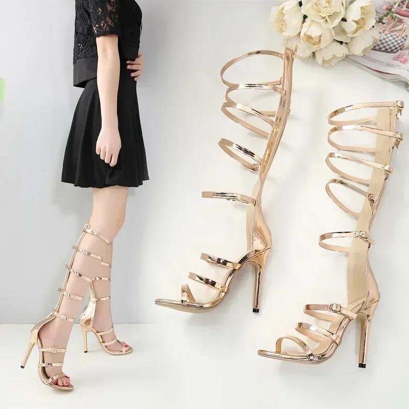Sexy Peep Toe Narrow Band Hollow Buckle Keen-high Rear Zipp Party Shoes Golden Gladiator Thin High-heeled Sandals