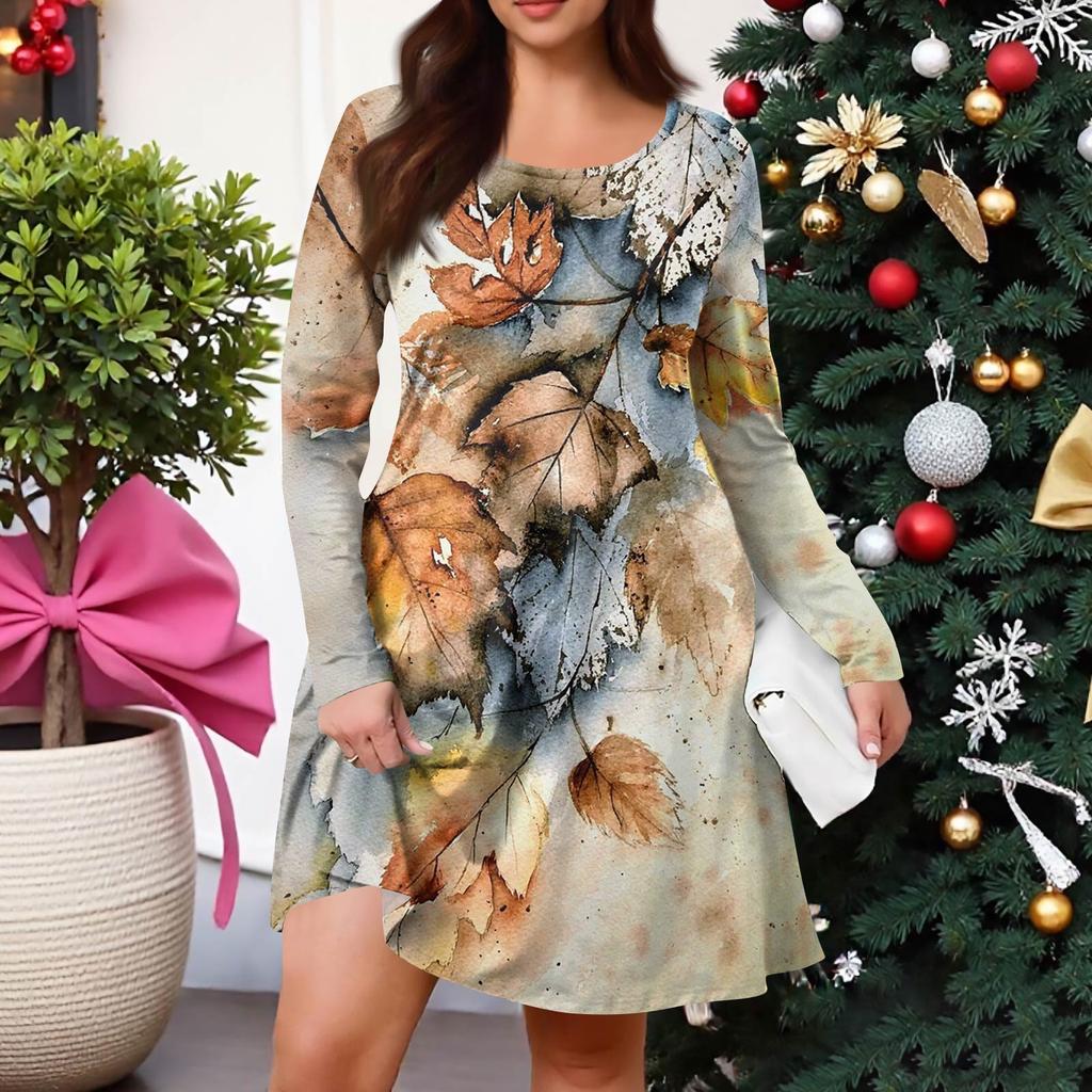 Женское повседневное платье большого размера с градиентным принтом, карманом, круглым вырезом и длинными рукавами, для весны/осени