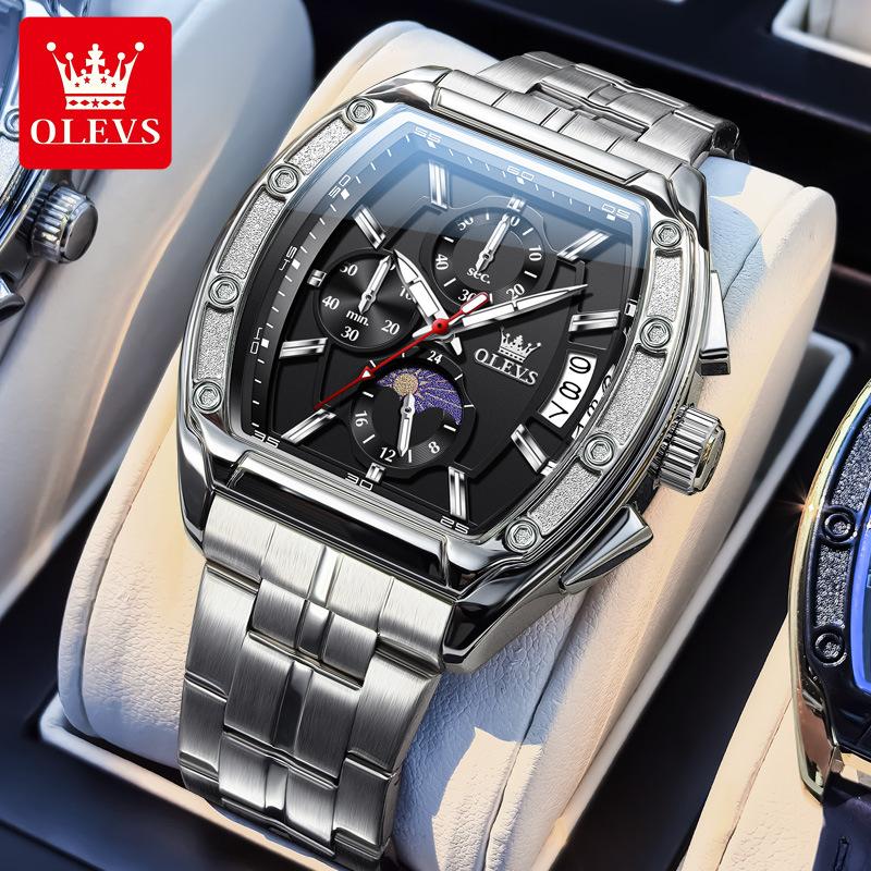 Men Watch Luxury Chronograph Quartz Watch Leather Waterproof Luminous Date Moon Phase Watches for Man Reloj