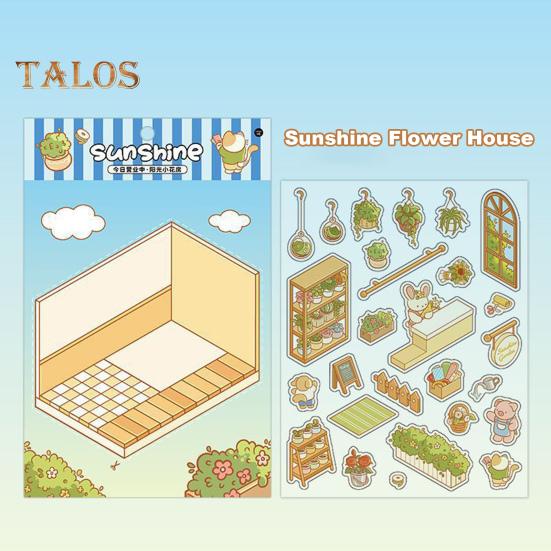 4 Set 3D DIY House Scene Stickers Stress Relief Decals Supermarket Coffee Shop Bookstore Sun Room Library Tear-resistant Surface Stickers