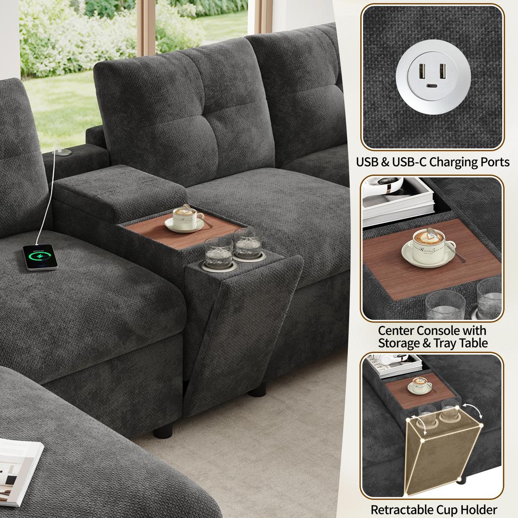 Modular corner sofa 6-seater U-/L-shape, 2 storage ottomans, console with shelf surface, compartment & cup holders, USB & Type-C, chenille, Grey
