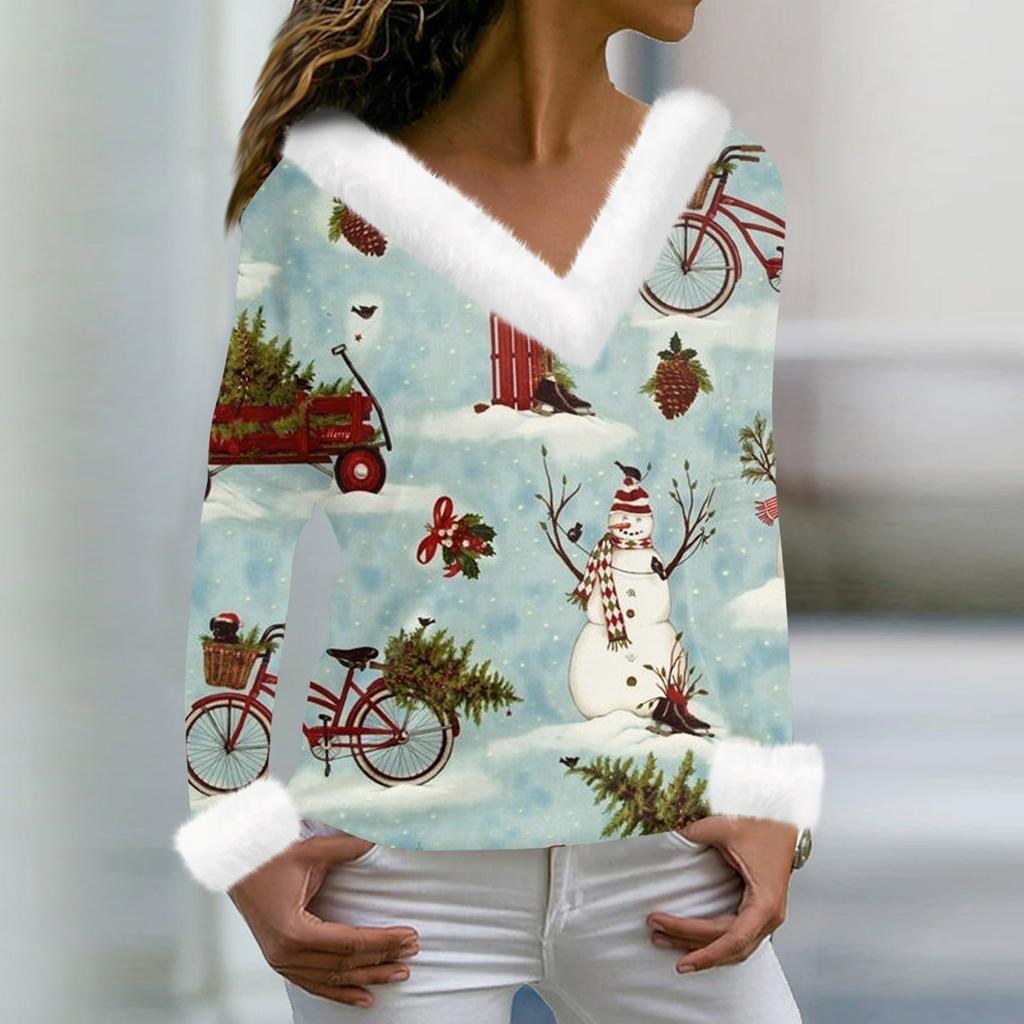 Женская мода повседневная плюшевая кофта с длинным рукавом и V-образным вырезом с рождественским принтом