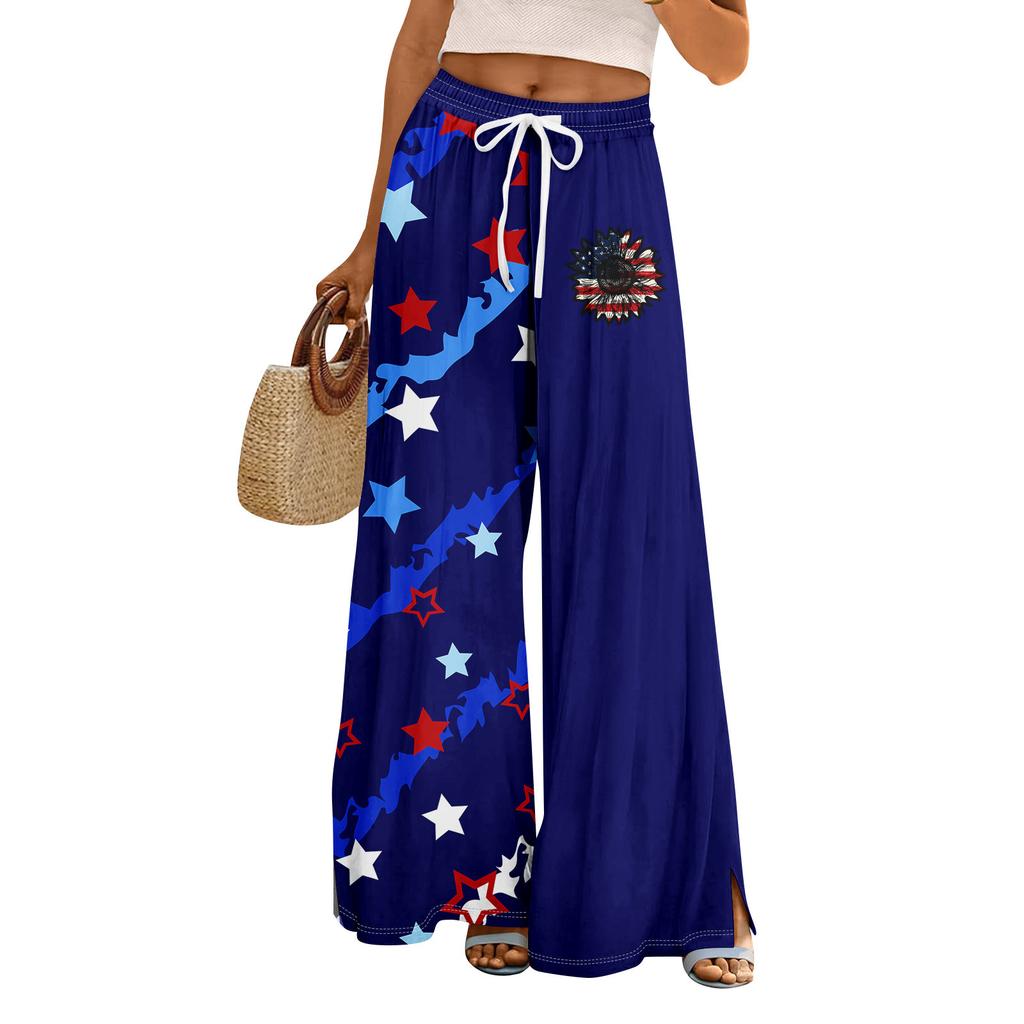Women Summer Boho Palazzo Pants High Waist Wide Leg Independence Printing Casual Trousers With Pockets