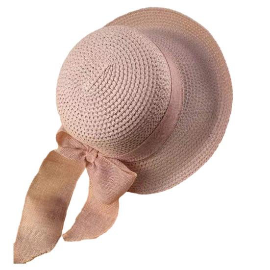 Ribbon Bowknot Decor Straw Hat Round Dome Solid Color Folding Women Big Brim Sunscreen Travel Hat Fashion Accessories