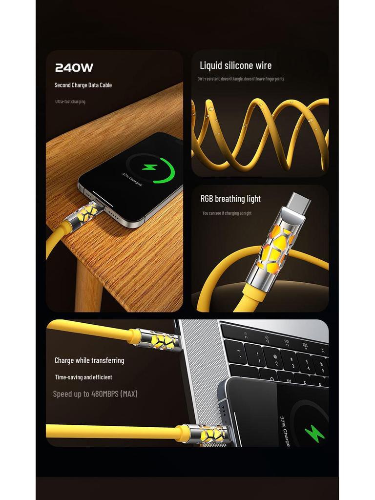 240W Fast Charging Silicone Cable with Colorful Light, Dual TYPE-C for Phones and Tablets