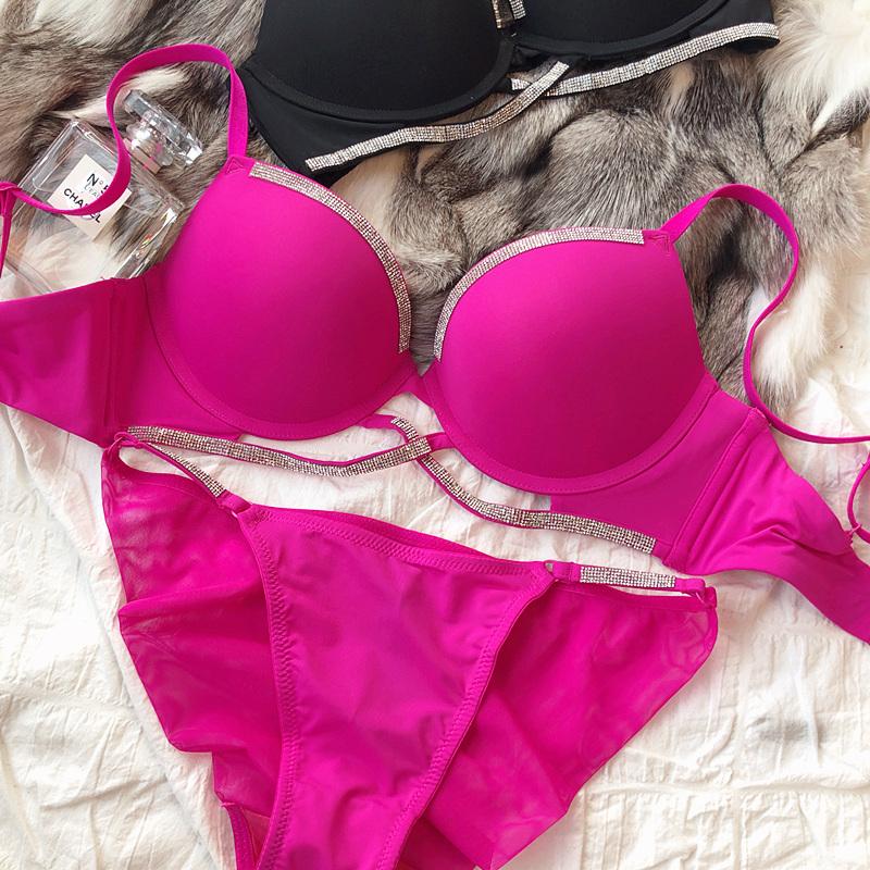 Sexy Women Underwear Set Cross Hollow Bra Fashion Rhinestones Cup Solid Color Push Up Brassiere Deep V Lingerie 2 Pieces Set