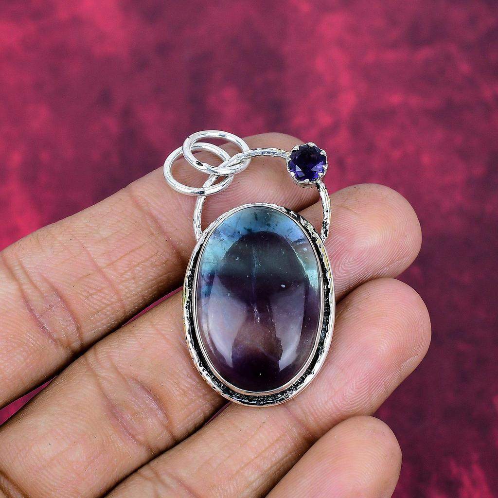 Флюорит и Аметист Кулон из Натуральных Камней Ручной Работы, Кулон из Стерлингового Серебра 925 пробы, Антикварное Ювелирное Изделие, Кулон на День Благодарения