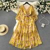 Autumn Vintage Women Floral Midi Dress Elegant V-Neck Lantern Long Sleeve Ruffle Hem A-Line New Dresses For Woman