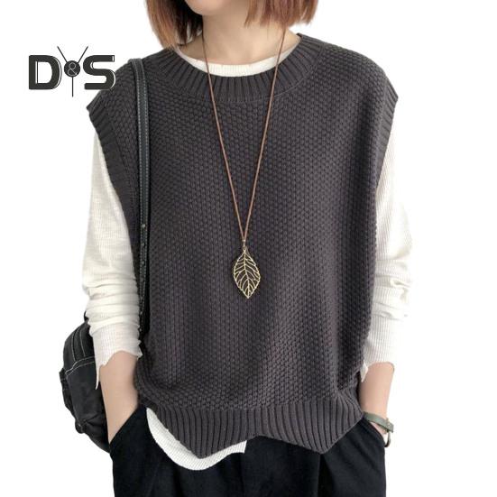 Women Knitted Vest Autumn Winter O Neck Solid Color Wavy Hem Warm Soft Loose Casual Female Ladies Waistcoat Sleeveless Top Knitwear