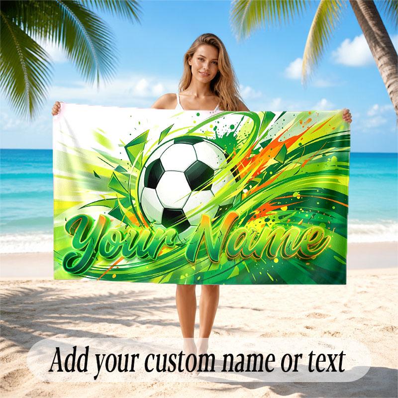 Soccer Theme Beach Towel Personalized Custom Name & Text Soft Quick Dry Beach Towel for Swimming Travel