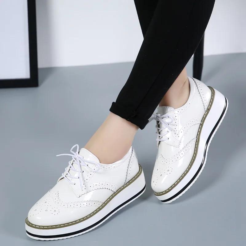 Women Platform Flats Leather Lace Up Classic Bullock Footwear Female Spring Autumn Oxford Shoes Plus Size 43 Mujer