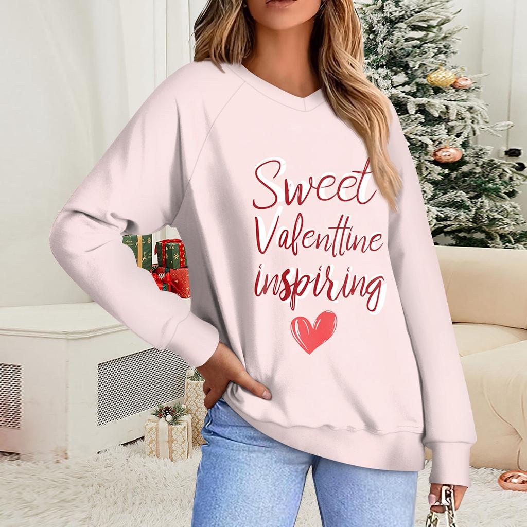 Женская повседневная мода комфорт с манжетой V-образным вырезом с принтом ко Дню святого Валентина пуловер с капюшоном