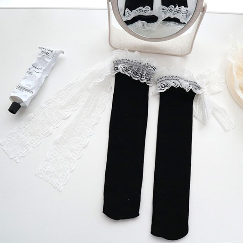 Женские носки однотонные черные белые носки с кружевом в стиле Лолиты с оборками и бантом средней длины мягкие повседневные носки Kawai Sox для девочек в корейском стиле