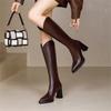Fashion Elegant Heeled Women's Long Boots High Heels Leather Brown Ladies Knee Shaft Shoes Pointed Toe Waterproof Y2k Chic New Rock Work