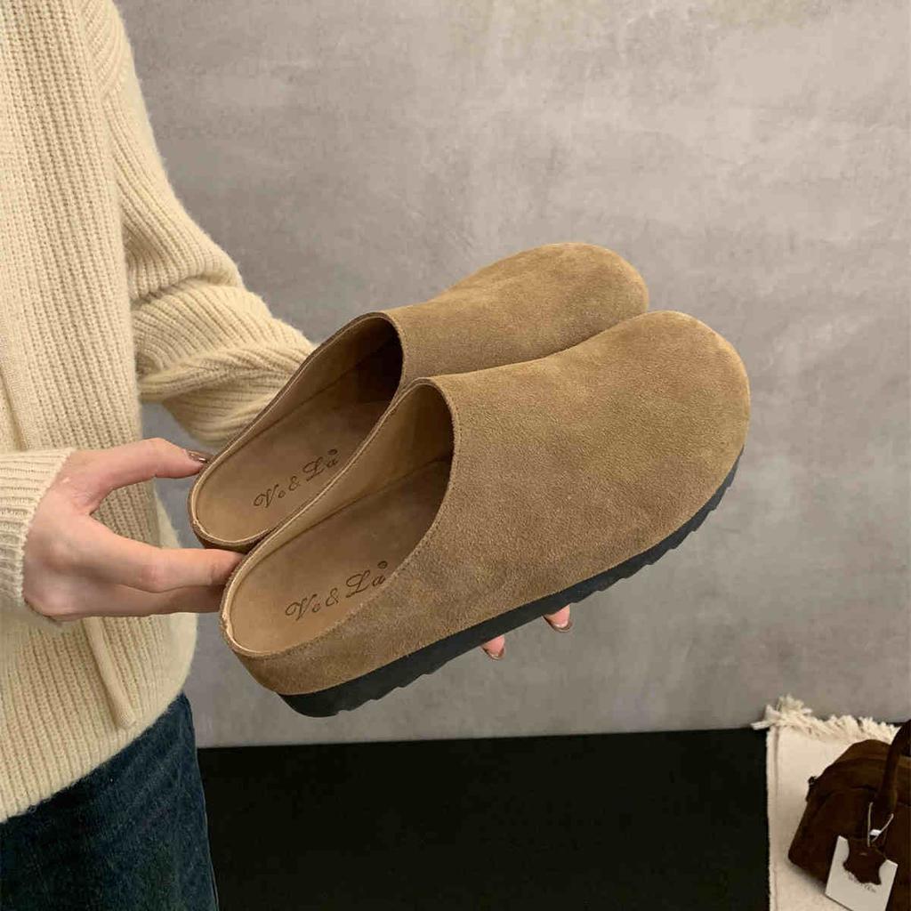 Fashion New Leather Fashion Women's Suede Slip On Mules Clogs Cork Insole Sandals With Arch Support Outdoor Beach Slippers Home Shoes