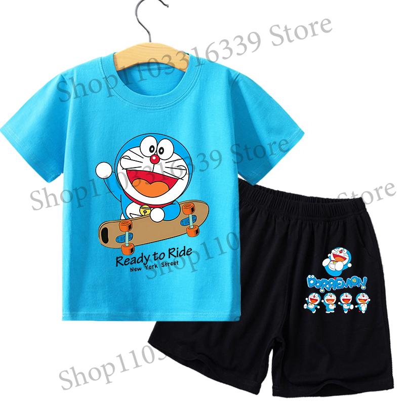 Boy Girl Short Sleeves Shorts 2pcs Set Kid Blue Top Summer Clothes Children T-shirt Set Cute Cartoon Tees
