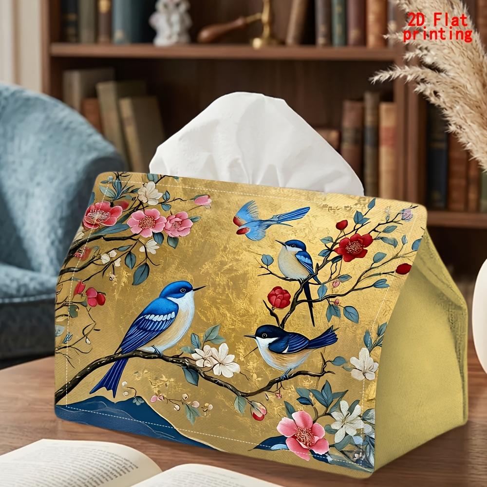 2D Flat 1pc, Tissue Box. Floral And Bird Painting Pattern Napkin Paper Dispenser, Reusable, Daily Desktop Tissue Storage Box, Suitable for Kitchen Liv