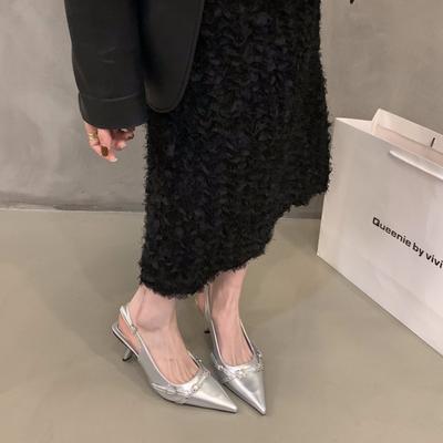 Французские босоножки-мешки черного цвета на шпильках, новинка весны и лета 2024 года, серебристые одинарные туфли с острыми каблуками