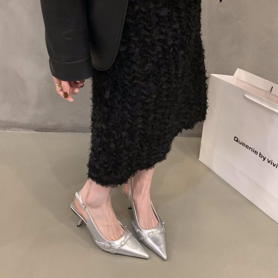 Французские босоножки-мешки черного цвета на шпильках, новинка весны и лета 2024 года, серебристые одинарные туфли с острыми каблуками