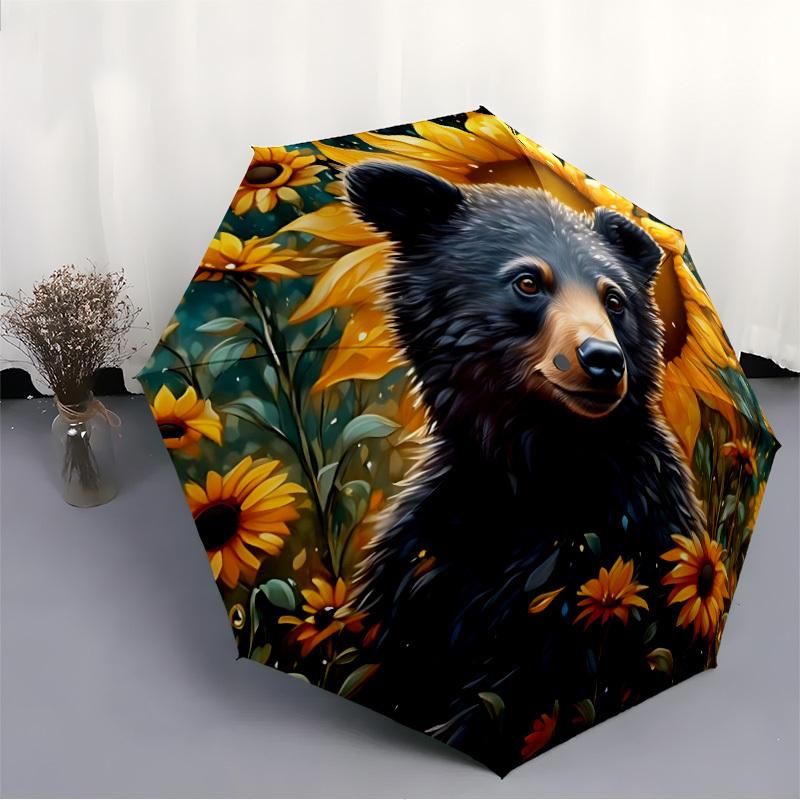 1pc Black Bear Sunflower Field Folding Umbrella, Durable, Suitable for Outdoor Activities or Rain, Suitable for Commuting yy251027084