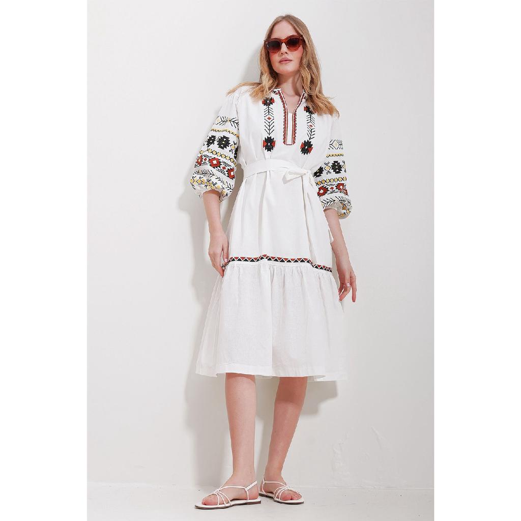 Women's White Full Collar Balloon Sleeve Lined Belted Embroidery Dress Alc-x11571