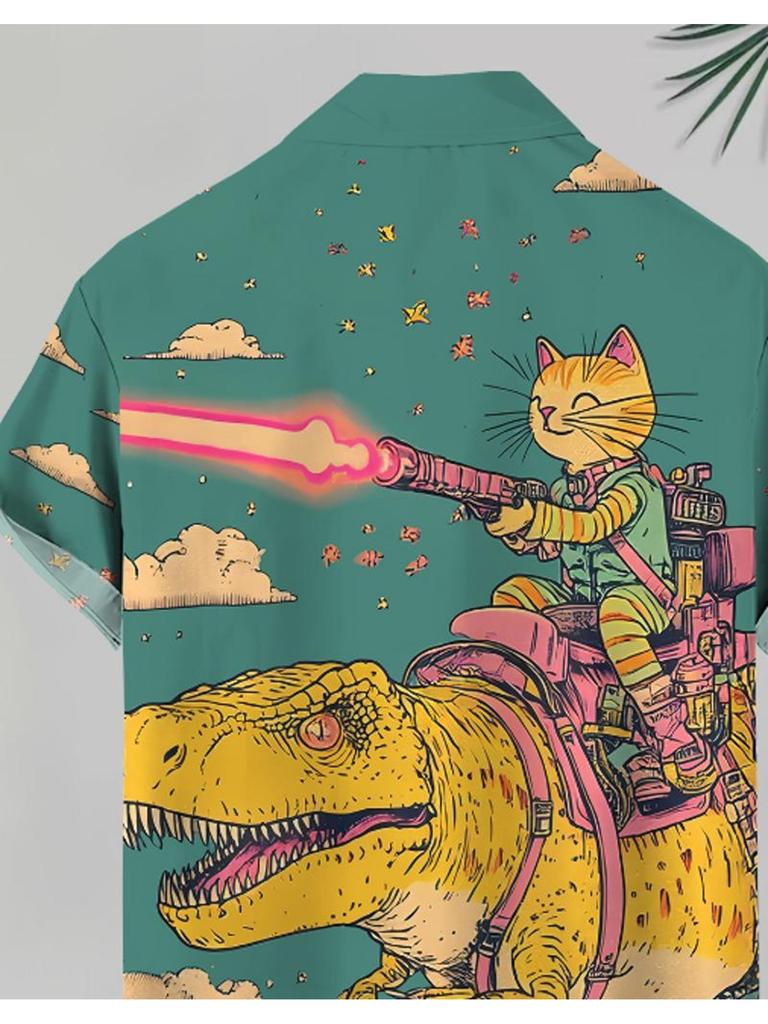 Men's Casual Short - Sleeve Shirt, Dinosaur & Cat Pattern Printed, Polyester Material, Mixed Color, Multiple Specifications Available, Fashionable for