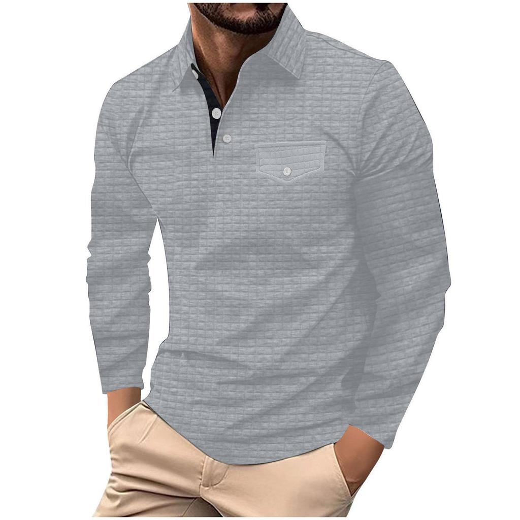 Men's Long-Sleeve Plaid Polo Shirt with Button Pocket