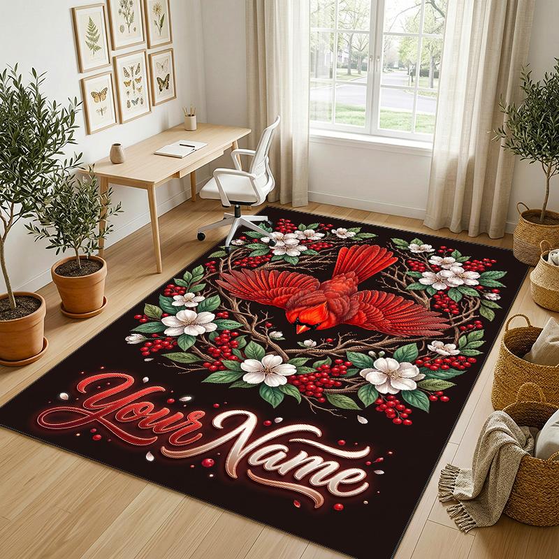 Floral Garden Theme Crystal Velvet Rug Personalized Custom Name Text Soft Floor Mat Home Decor