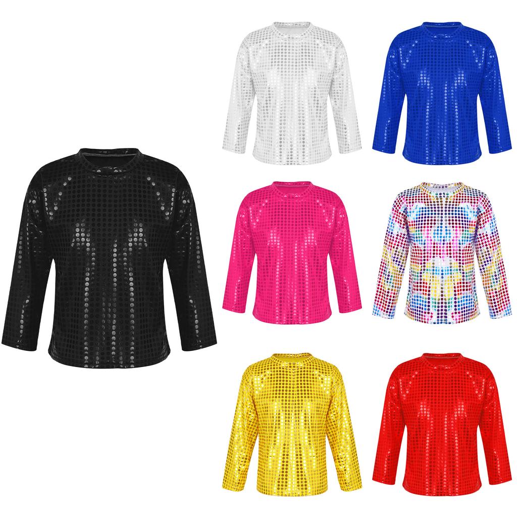 Boys Girls Stage Performance Top Long Sleeve Round Neck Glitter Sequins Solid Color Shirt for Dance Events