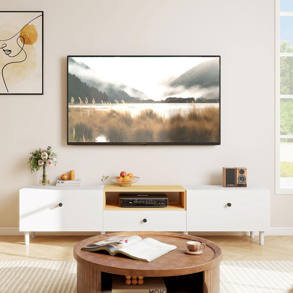 TV stand, TV cabinet for TV up to 90 inches with 2 drop-down doors, drawer, 200 x 35 x 45 cm, white
