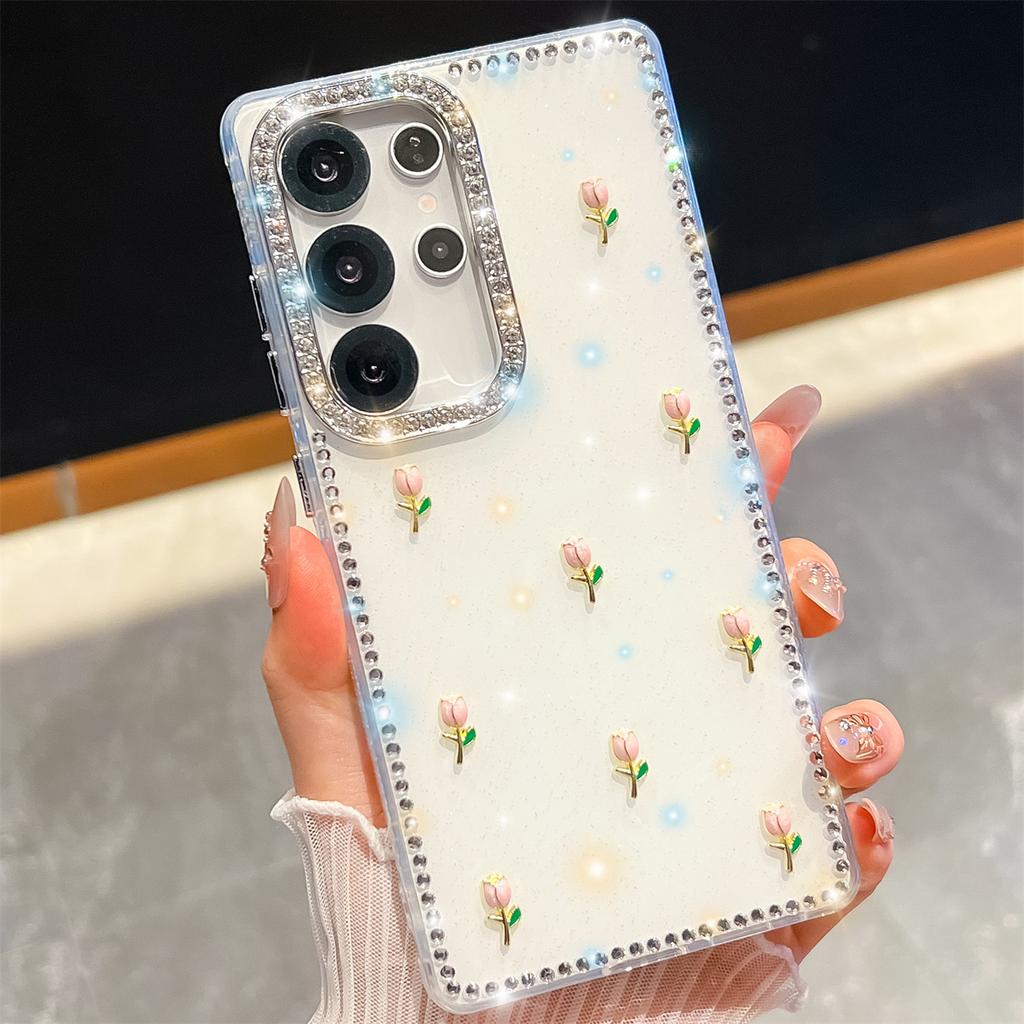 Handmade Sparkly Diamond Tulip IMD Phone Case, Compatible with Samsung S23 Ultra/S24/S25 & A07/A15/A16/A17/A26/A35/A36/A55/A56
