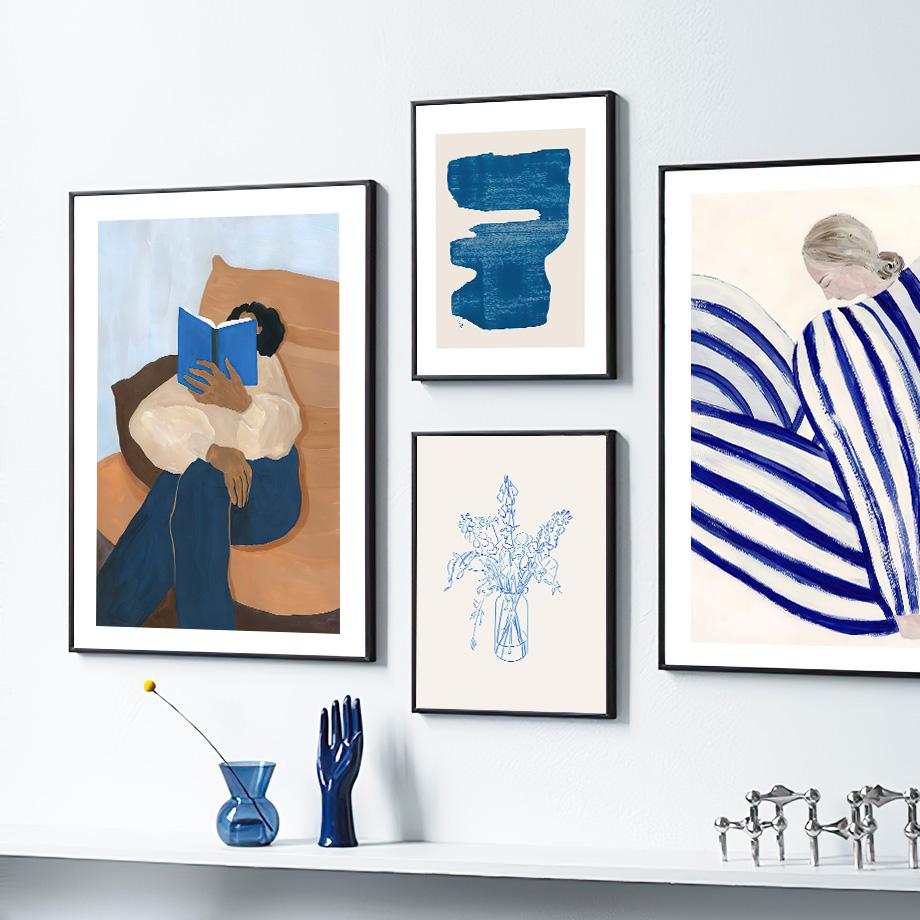 Синяя полосатая девочка Книжная ваза Настенное искусство Холст Живопись Абстрактные постеры и принты Настенные картины для отеля, бара, для декора гостиной