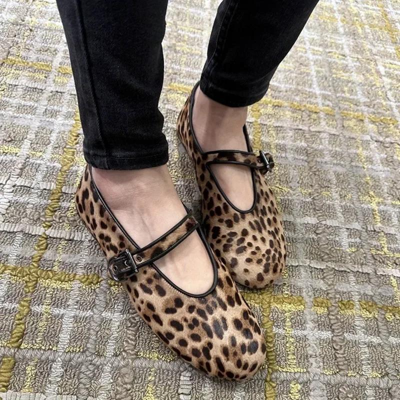 Luxury Brand Designer Leopard Suede Mary Jane Shoes Women Metal Belt Buckle Non-slip Soft Bottom Ballet Shoes Light Cozy Flats