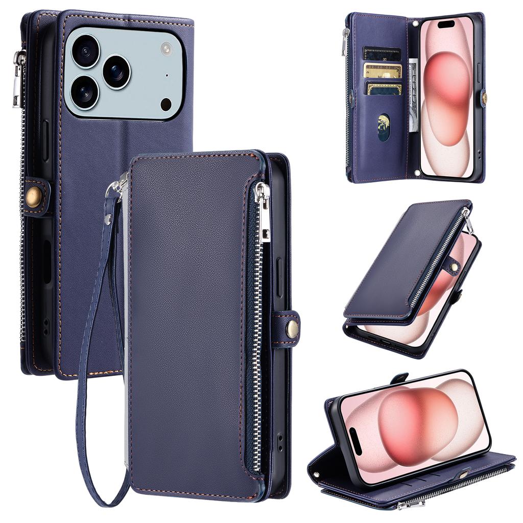 For iPhone 17 Pro Max Case TPU+PU Leather Wallet Phone Cover with Wrist Strap