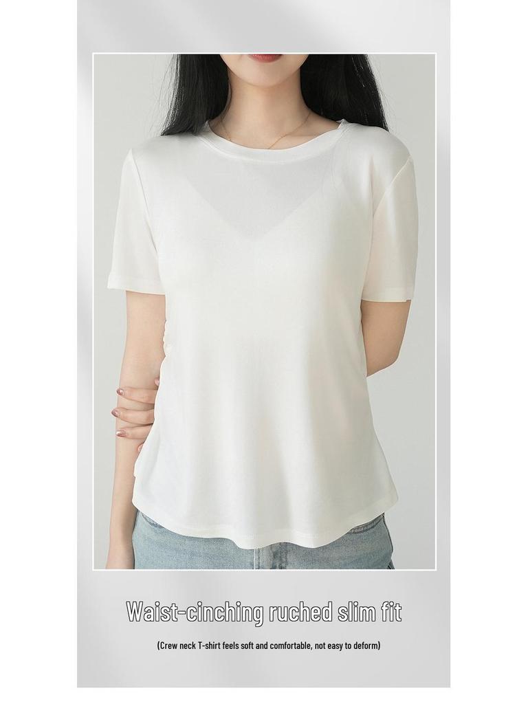 Шелковая приталенная футболка с круглым вырезом, Тутовый шелк, Базовая, Удобная, Универсальная, С коротким рукавом