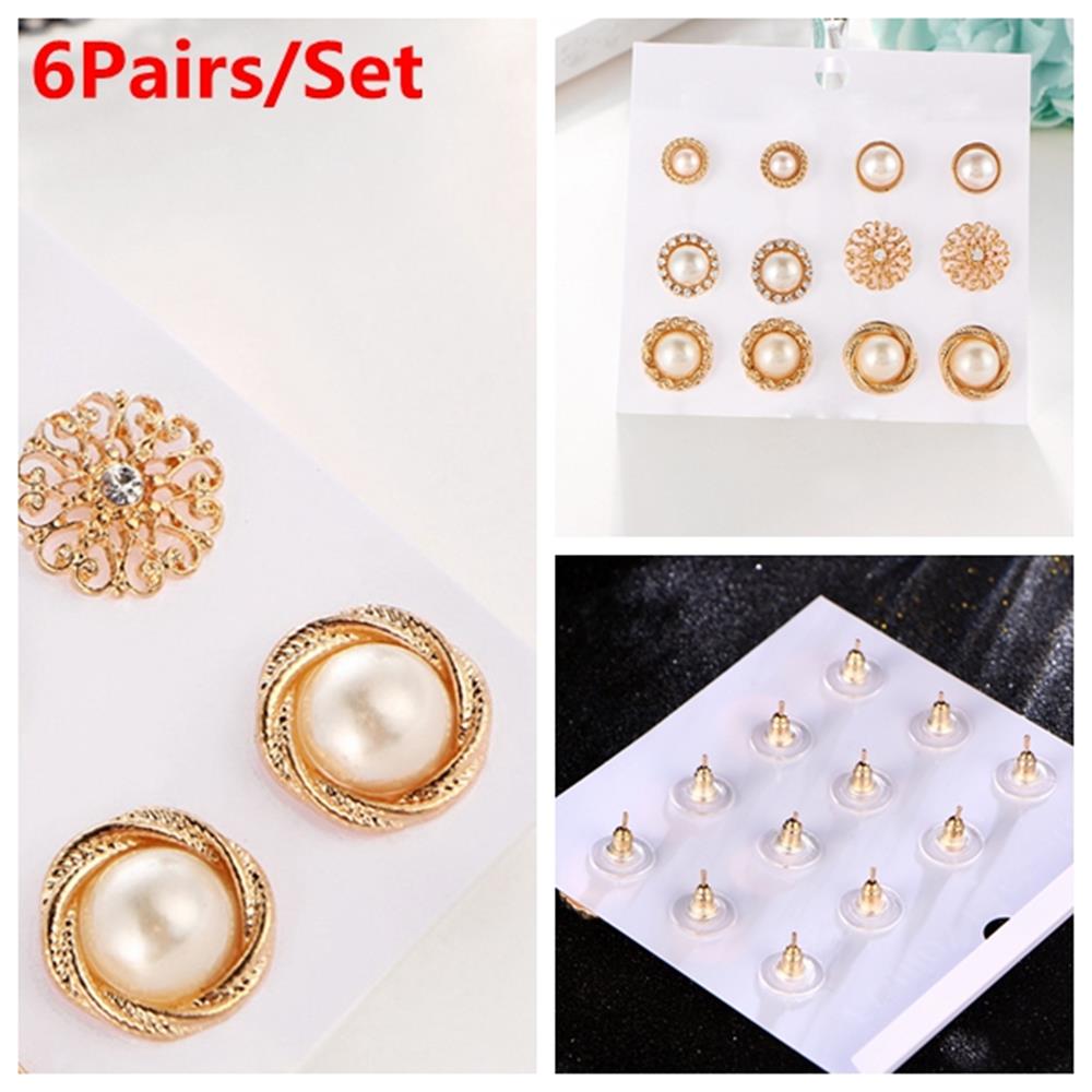 6Pairs/Set Women Round Hoop Jewelry Zircon Pearl Ear Stud Embroidery Rose Drop Dangle Earrings