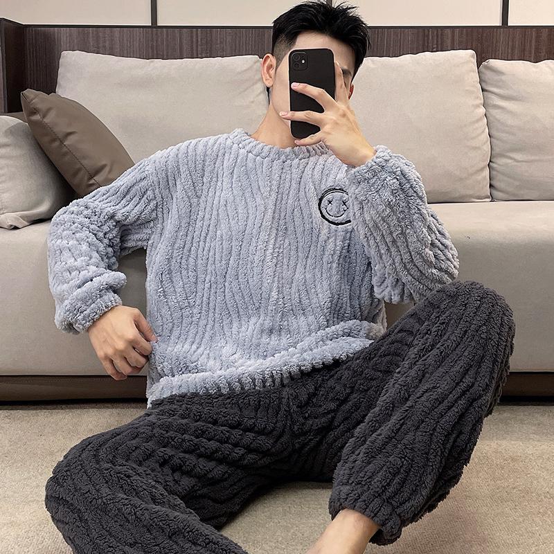 Autumn and Winter Flannel Pajamas Men's Thicken Coral Fleece Youth Student Warm Korean Pijamas Casual Loungewear