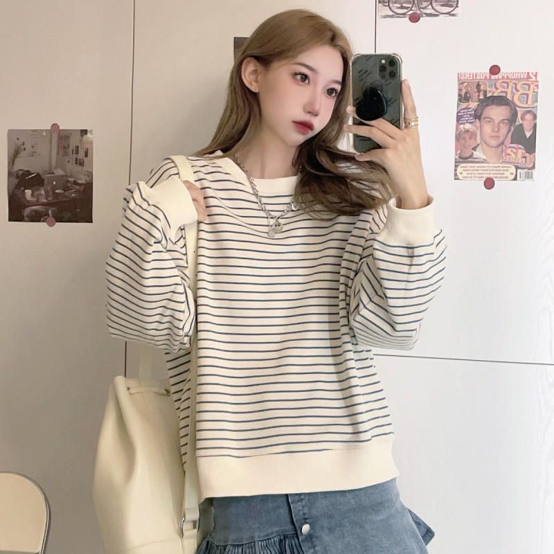 Womens Loose Fit Striped Long Sleeve Pullover Sweatshirt Casual Top