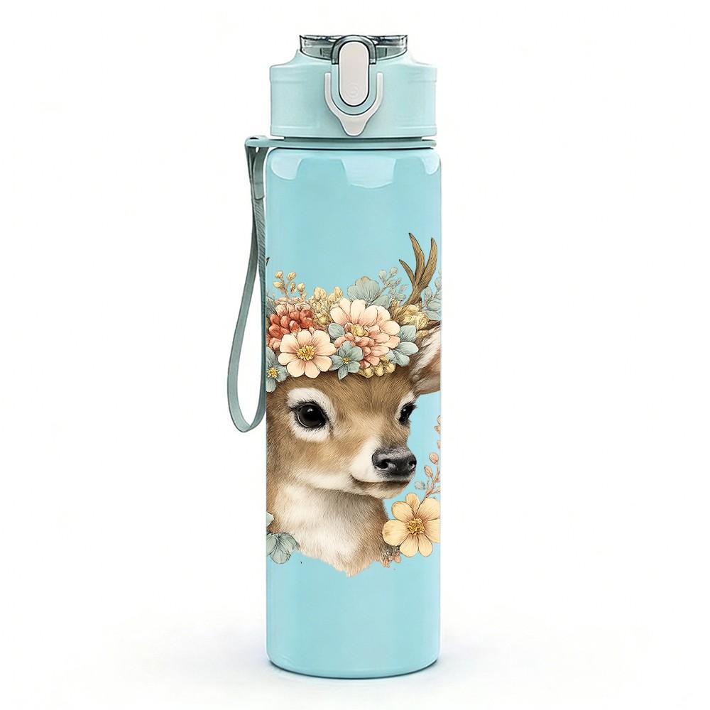1PC Autumn Floral Deer Head 750ml Color Plastic Sports Water Bottle Leakproof Flip Straw Lid Suitable for Sports Office Home Use