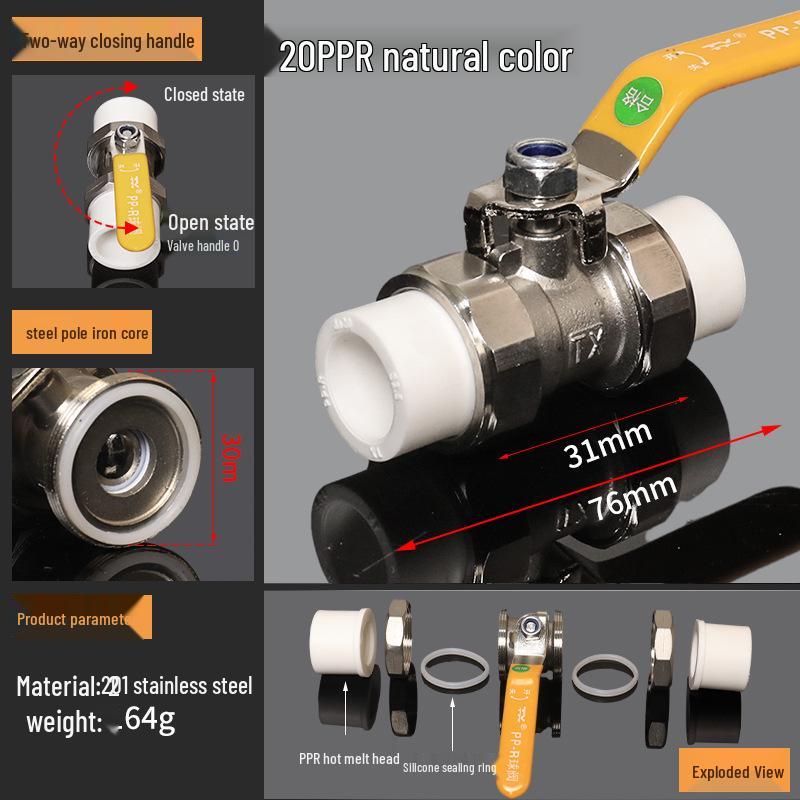 4-Point Double Union 20PPR Stainless Steel Ball Valve for Household Water Pipe Fittings