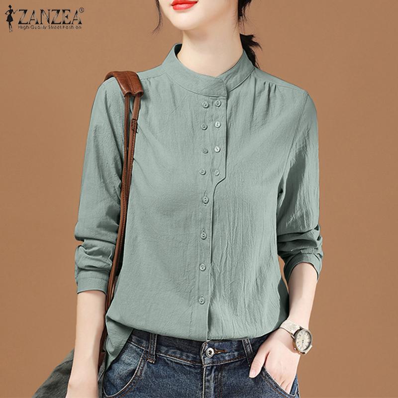 ZANZEA Женская хлопковая блузка в стиле ретро с длинным рукавом и воротником-стойкой